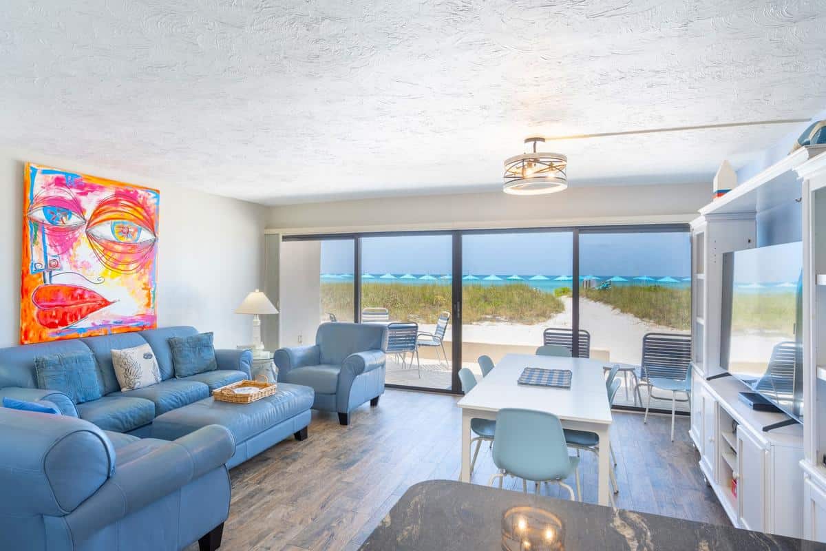 Casa Del Mar rental living area with a direct beach view