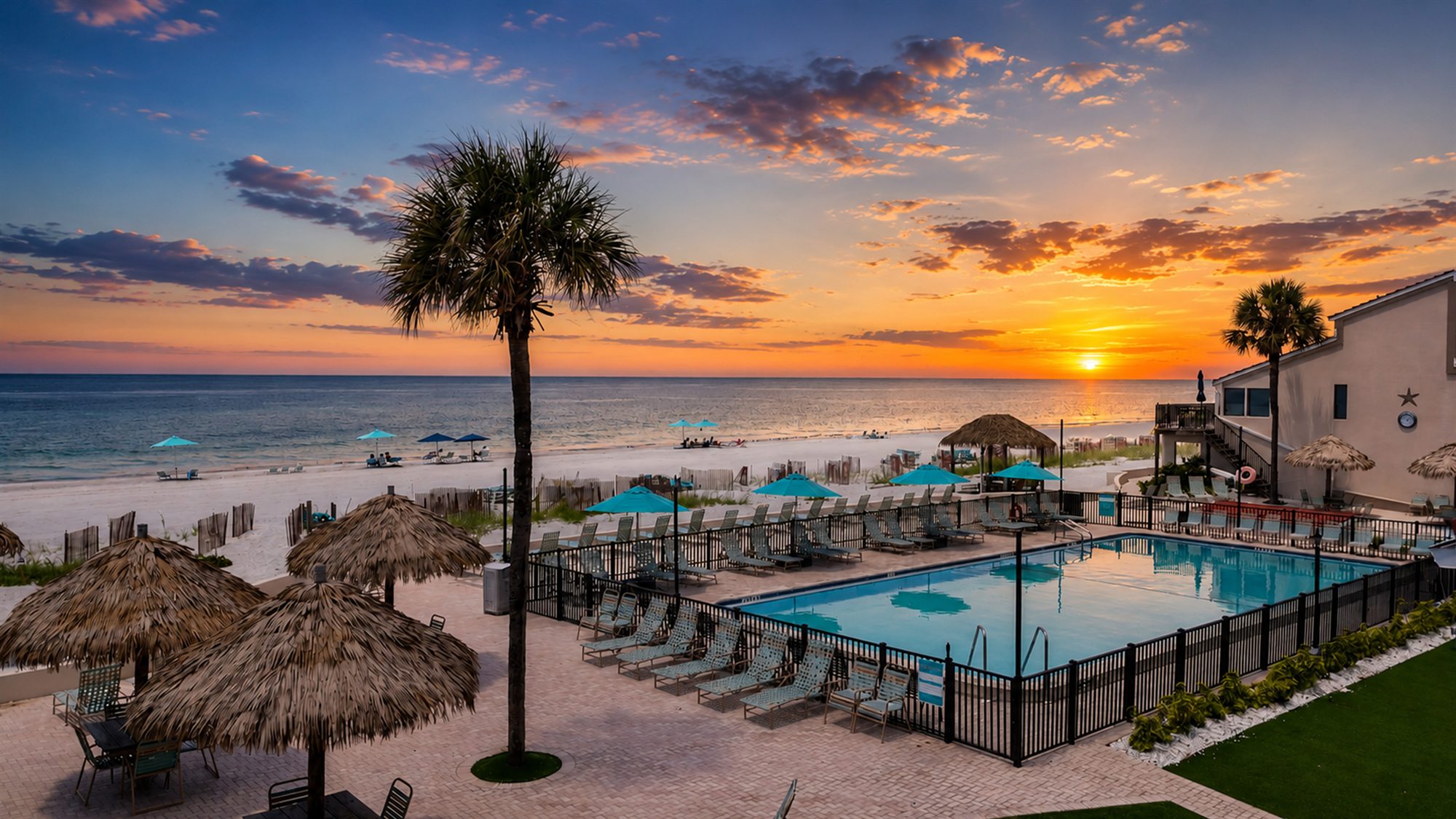 Casa Del Mar beachfront pool and Gulf of Mexico at sunset