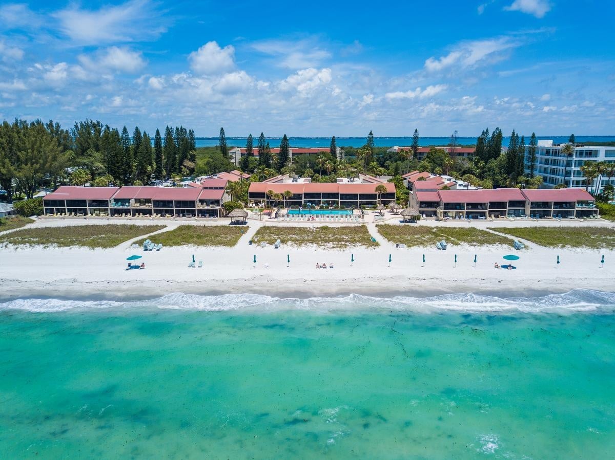 Aerial Gulf view of Casa Del Mar and the Longboat Key beach