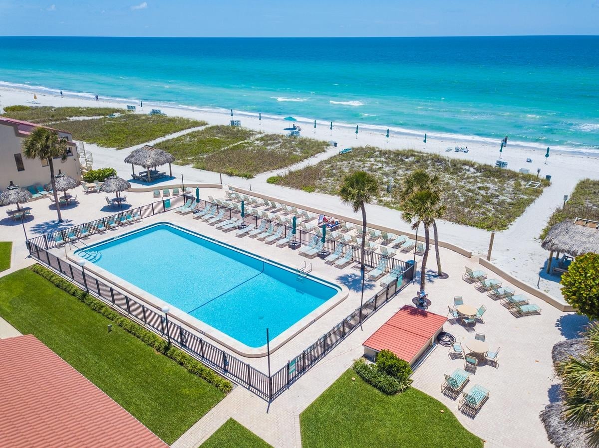 Aerial view of the Casa Del Mar pool and Longboat Key beach