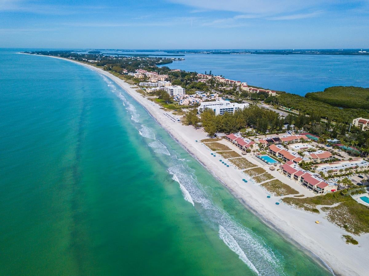 Aerial view over Casa Del Mar and the Longboat Key shoreline